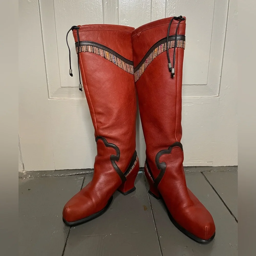 John Fluevog Red Heeled Boots with Striped Detail - Picture 2 of 5